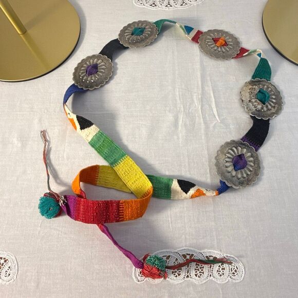 Vintage Handwoven Rainbow Belt with Silver Conchos | Southwestern Artisan Boho C - Picture 1 of 16